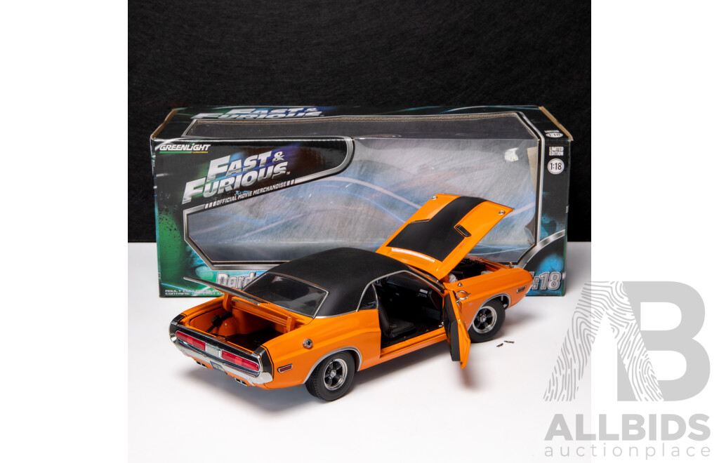 Greenlight 1970 Dodge Challenger R/T (Darden's) Fast & Furious Orange W Black Roof - 1:18 Scale Model Car