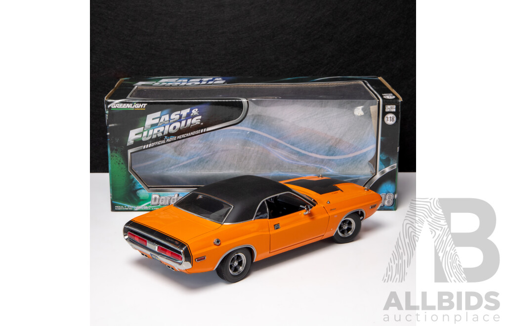 Greenlight 1970 Dodge Challenger R/T (Darden's) Fast & Furious Orange W Black Roof - 1:18 Scale Model Car
