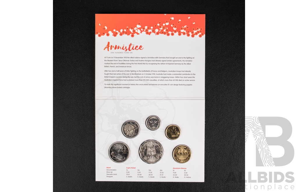 Australian RAM 2018 Six UNC Coin Set, Armistice One Hundred Years on