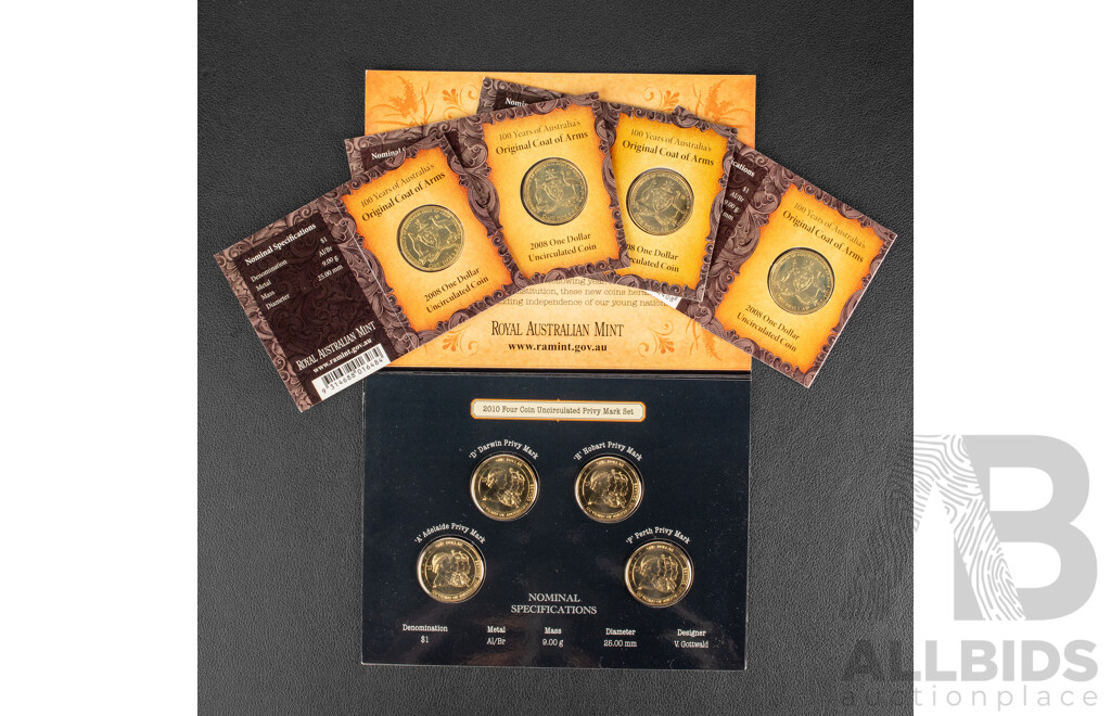 Australian RAM 2010 Our One Dollar Privy Mark Set, One Hundred Years of Australian Coinage with Four 2008 One Dollar Privy Mark Coins, One Hundred Years of Australia's Coat of Arms