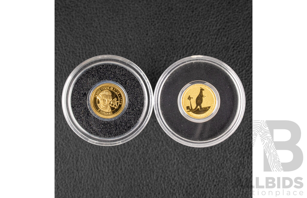 Australia Perth Mint 2012 Gold Two Dollar Coin, Mini Roo .999 and Cook Islands 2012 Gold Five Dollar Coin, James Cook 1728-1779 .585