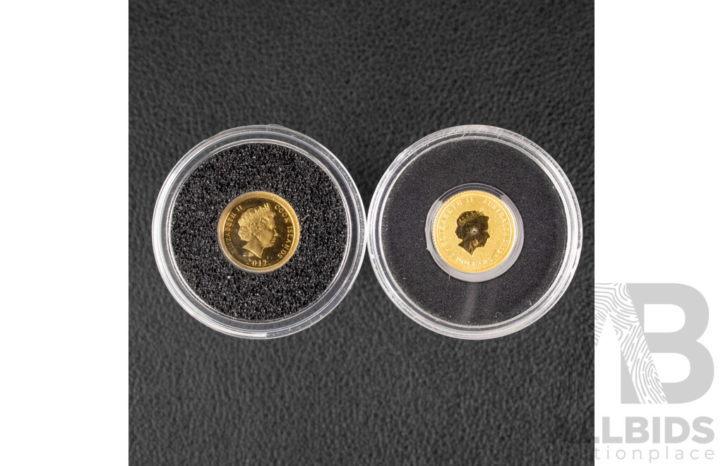 Australia Perth Mint 2012 Gold Two Dollar Coin, Mini Roo .999 and Cook Islands 2012 Gold Five Dollar Coin, James Cook 1728-1779 .585