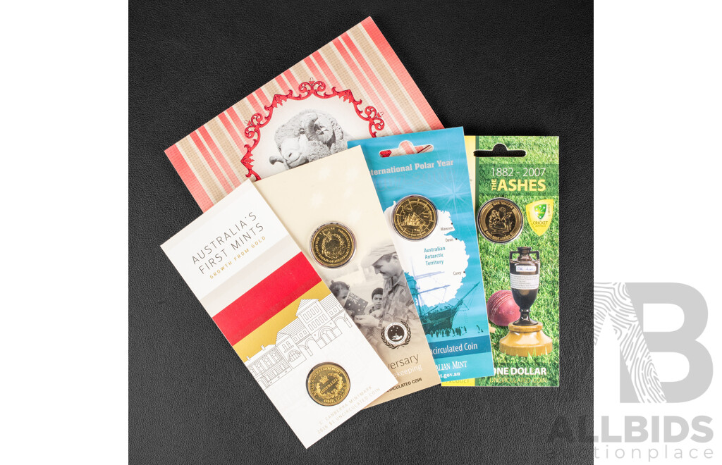 Eight Australian Commemorative One Dollar Coins Including 2011 Four Coin Ram's Head Privy Mark Set, 2016 Australia's First Mints, C Mint Mark, 2007 60th Anniversary of Australian Peacekeeping, 2007 Ashes, 2007 International Polar Year