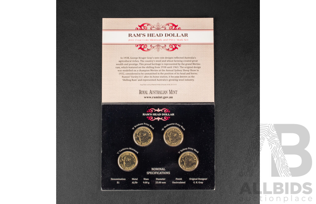 Eight Australian Commemorative One Dollar Coins Including 2011 Four Coin Ram's Head Privy Mark Set, 2016 Australia's First Mints, C Mint Mark, 2007 60th Anniversary of Australian Peacekeeping, 2007 Ashes, 2007 International Polar Year
