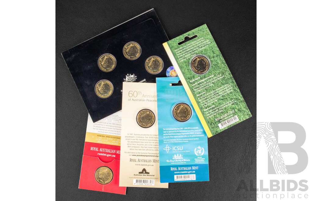 Eight Australian Commemorative One Dollar Coins Including 2011 Four Coin Ram's Head Privy Mark Set, 2016 Australia's First Mints, C Mint Mark, 2007 60th Anniversary of Australian Peacekeeping, 2007 Ashes, 2007 International Polar Year