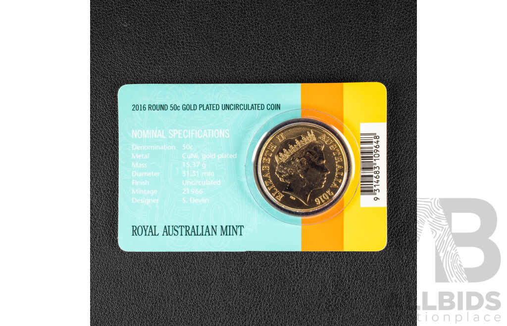 Australian RAM 2016 Gold Plated Round Fifty Cent Coin, 50th Anniversary of Decimal Currency