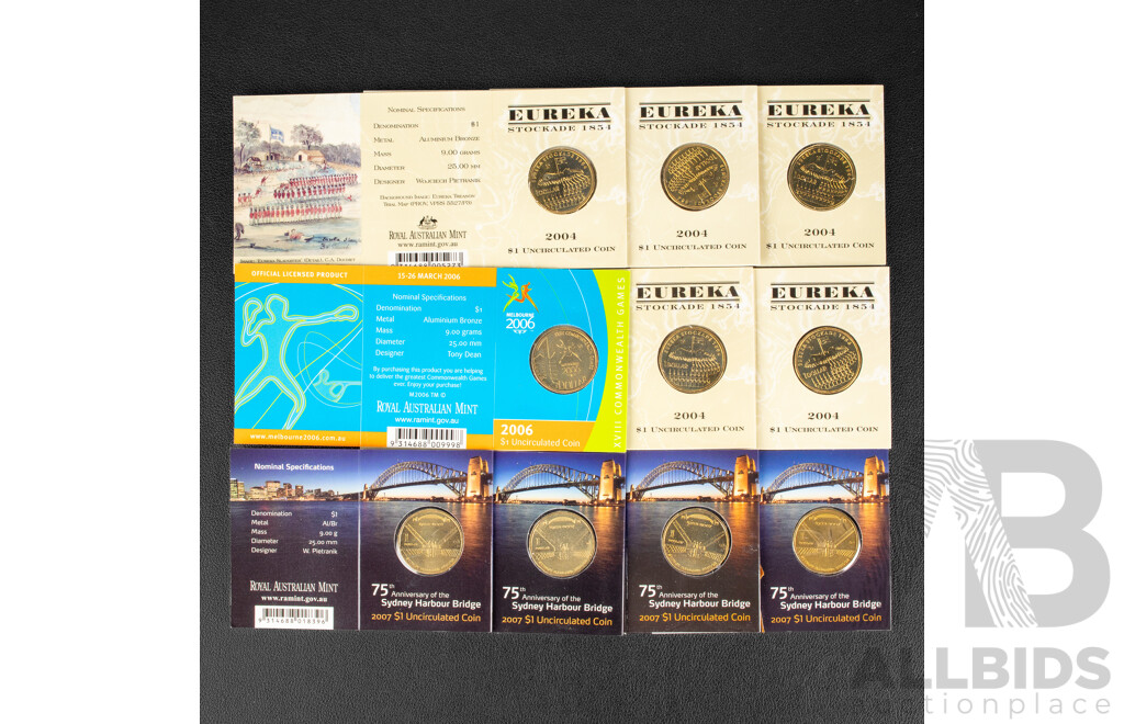 Ten Australian RAM Mint Mark One Dollar Coins Including Five 2004 Eureka Stockade E, C, M, B, S Four 2007 75th Anniversary Sydney Harbour Bridge B, M, C, S, 2006 Commonwealth Games M