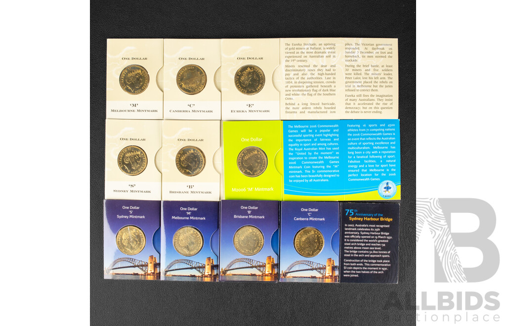 Ten Australian RAM Mint Mark One Dollar Coins Including Five 2004 Eureka Stockade E, C, M, B, S Four 2007 75th Anniversary Sydney Harbour Bridge B, M, C, S, 2006 Commonwealth Games M