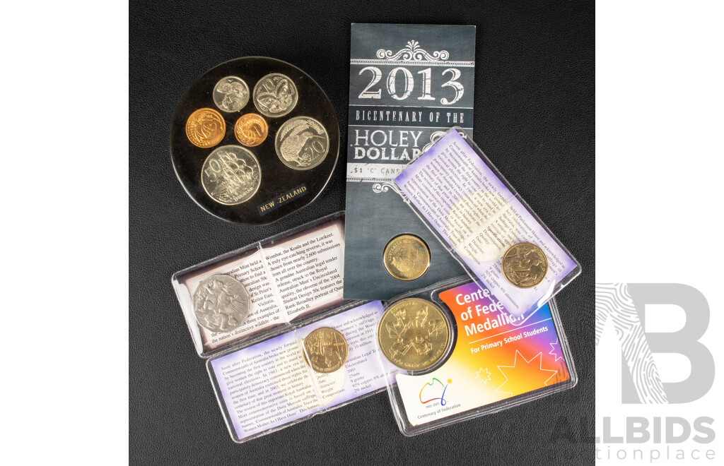 Australian UNC Commemorative Coins Including One Dollars 2013 C Mint Mark, Holey Dollar and the Dump, Two 2003 Centenary of Women's Suffrage, 2004 Fifty Cent Student Design.............