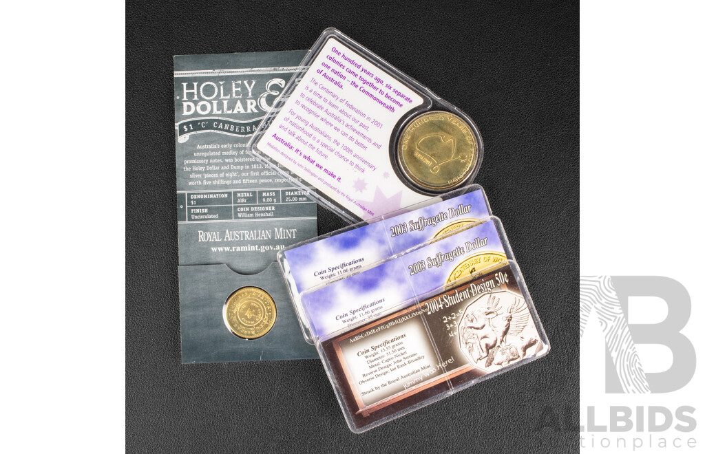 Australian UNC Commemorative Coins Including One Dollars 2013 C Mint Mark, Holey Dollar and the Dump, Two 2003 Centenary of Women's Suffrage, 2004 Fifty Cent Student Design.............