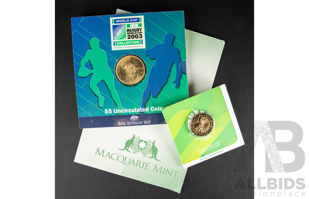 Australian RAM 2018 Gold Plated Fifty Cent, XXI Commonwealth Games, 2003 Five Dollar Coin, Rugby World Cup, Kiribati Franklin Mint 2012 Silver Ten Dollar Coin
