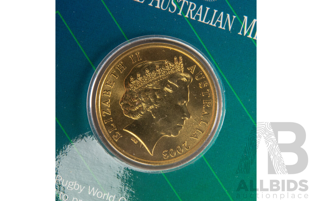 Australian RAM 2018 Gold Plated Fifty Cent, XXI Commonwealth Games, 2003 Five Dollar Coin, Rugby World Cup, Kiribati Franklin Mint 2012 Silver Ten Dollar Coin