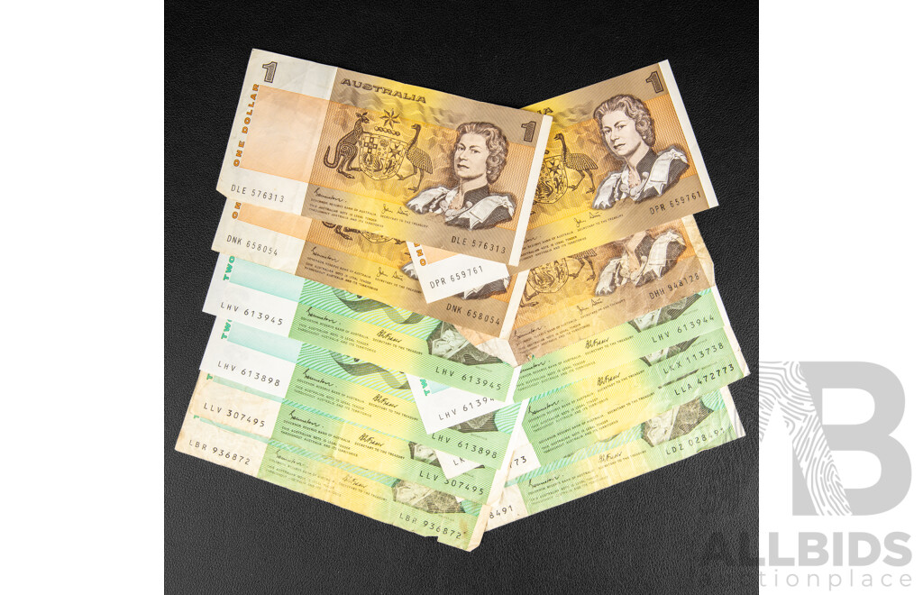 Collection of Australian Banknotes Including Eight 1985 Two Dollars Johnston/Fraser, Two Consecutive LHV613944 - LHV613945, Four 1982 One Dollars, Johnston/Stone