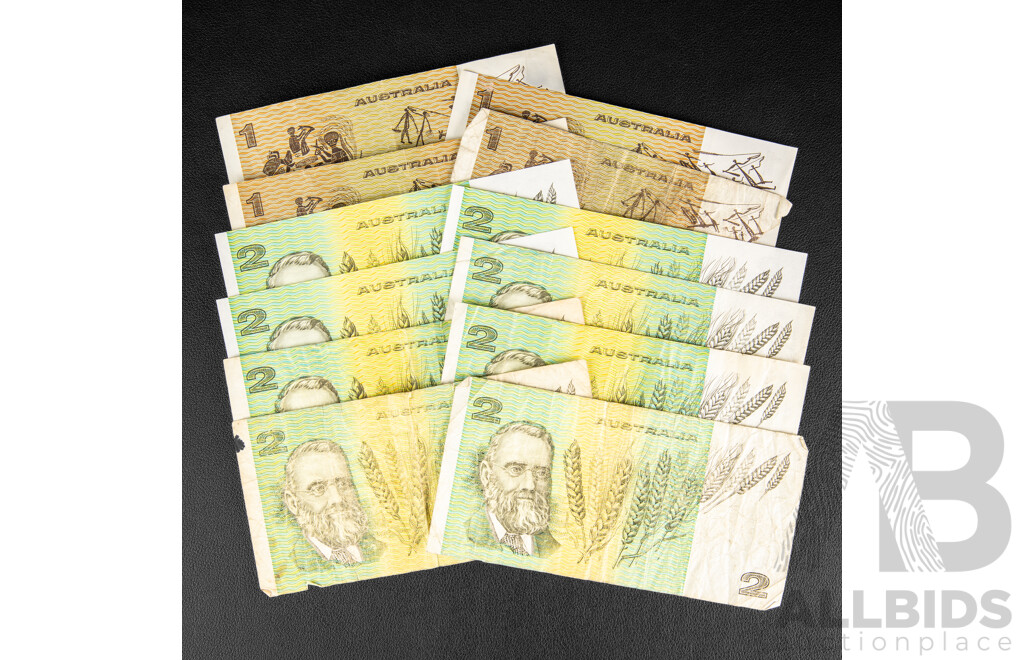 Collection of Australian Banknotes Including Eight 1985 Two Dollars Johnston/Fraser, Two Consecutive LHV613944 - LHV613945, Four 1982 One Dollars, Johnston/Stone