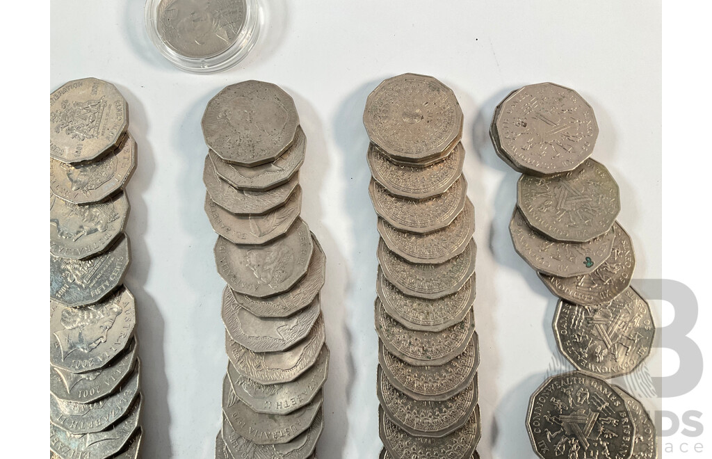 Collection of Australian Coins Including Commemorative Fifty Cents, Twenty One 1970 Cook, Twenty 1977 Jubilee, Twenty 1982 Commonwealth Games, Twenty 2001 Federation NSW, Twenty Norfolk Island................