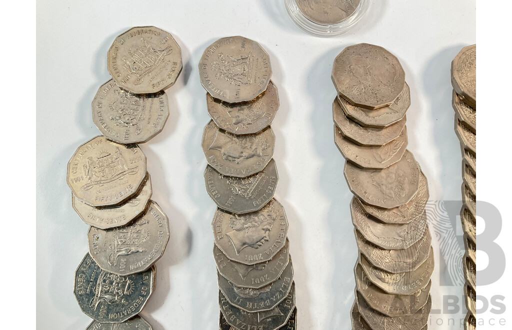 Collection of Australian Coins Including Commemorative Fifty Cents, Twenty One 1970 Cook, Twenty 1977 Jubilee, Twenty 1982 Commonwealth Games, Twenty 2001 Federation NSW, Twenty Norfolk Island................
