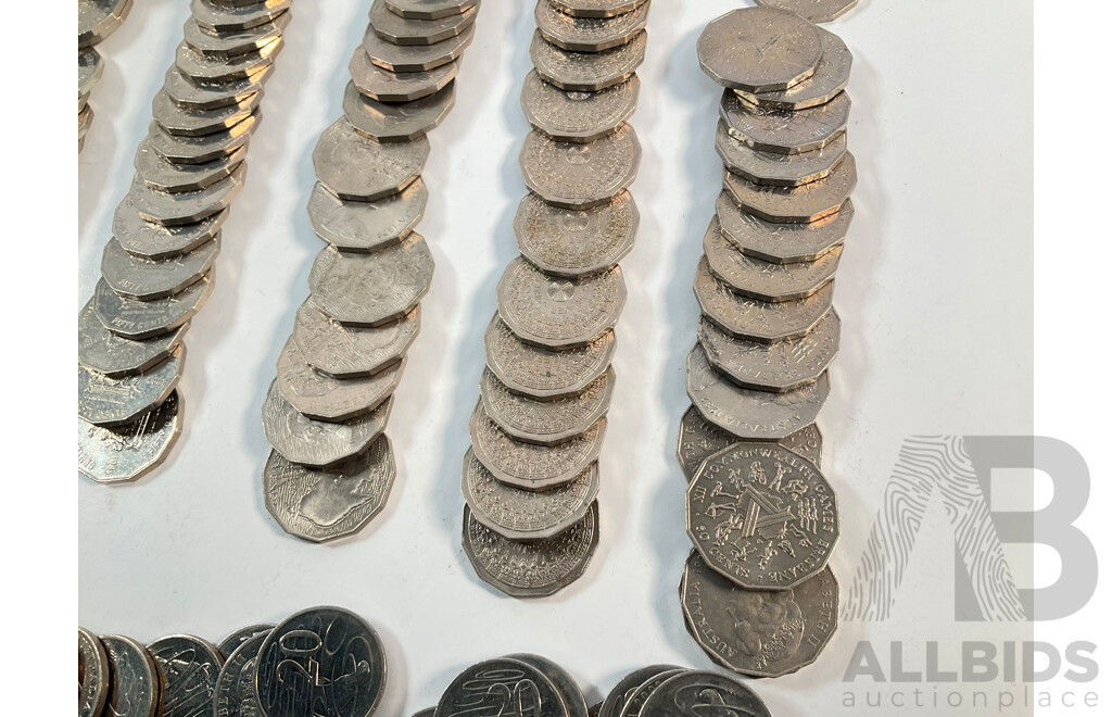 Collection of Australian Coins Including Commemorative Fifty Cents, Twenty One 1970 Cook, Twenty 1977 Jubilee, Twenty 1982 Commonwealth Games, Twenty 2001 Federation NSW, Twenty Norfolk Island................