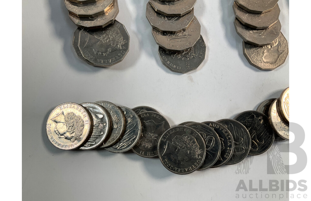 Collection of Australian Coins Including Commemorative Fifty Cents, Twenty One 1970 Cook, Twenty 1977 Jubilee, Twenty 1982 Commonwealth Games, Twenty 2001 Federation NSW, Twenty Norfolk Island................