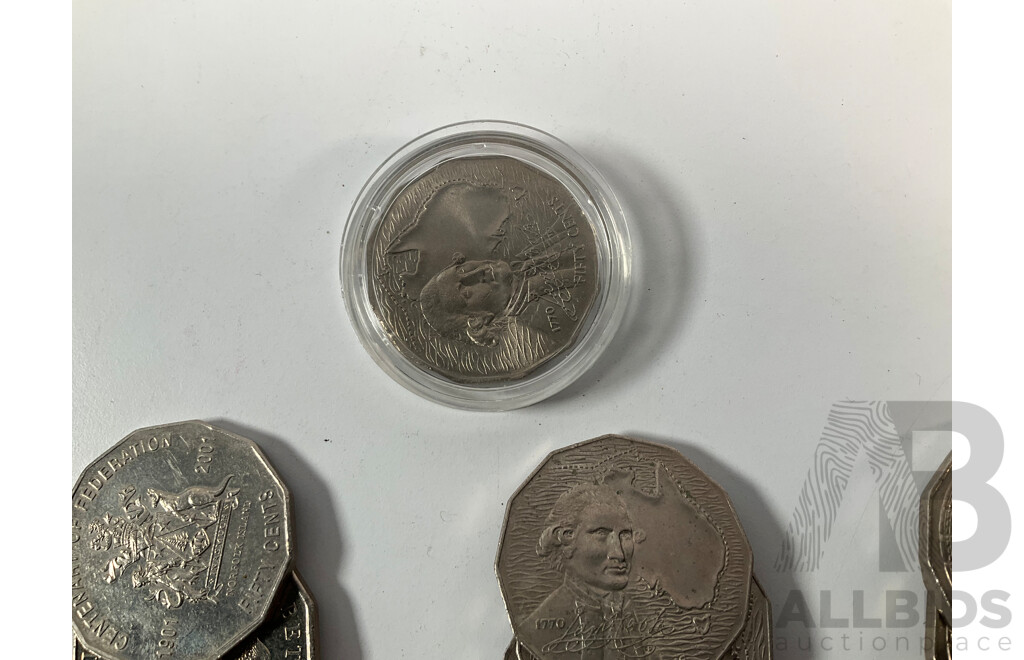Collection of Australian Coins Including Commemorative Fifty Cents, Twenty One 1970 Cook, Twenty 1977 Jubilee, Twenty 1982 Commonwealth Games, Twenty 2001 Federation NSW, Twenty Norfolk Island................