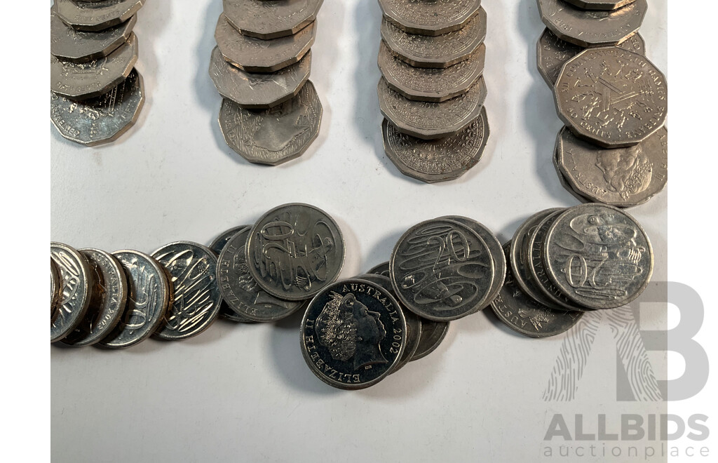 Collection of Australian Coins Including Commemorative Fifty Cents, Twenty One 1970 Cook, Twenty 1977 Jubilee, Twenty 1982 Commonwealth Games, Twenty 2001 Federation NSW, Twenty Norfolk Island................