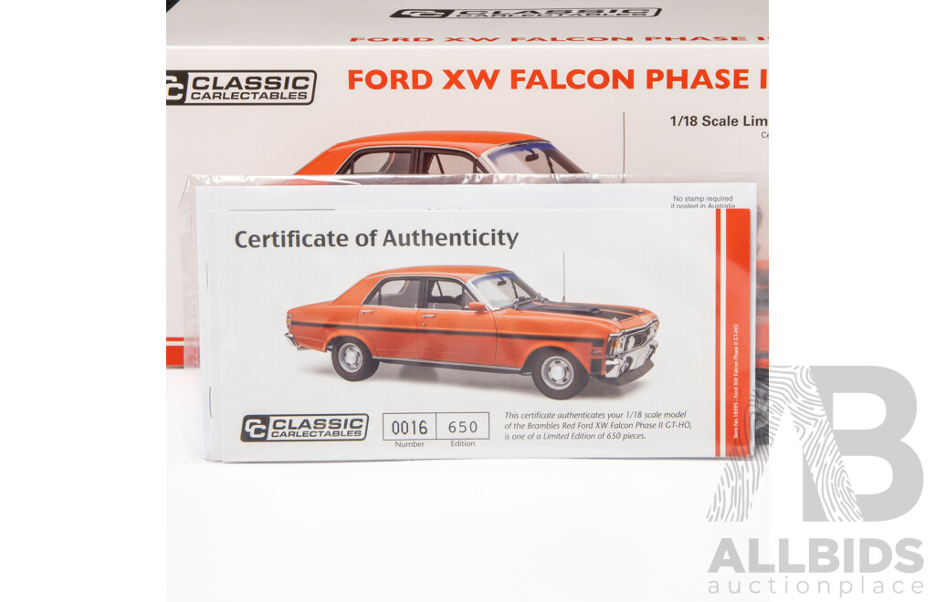 Classic Carlectables 1970 Ford XW Falcon Phase II GT-HO Brambles Red COA 16/650- 1:18 Scale Model Car