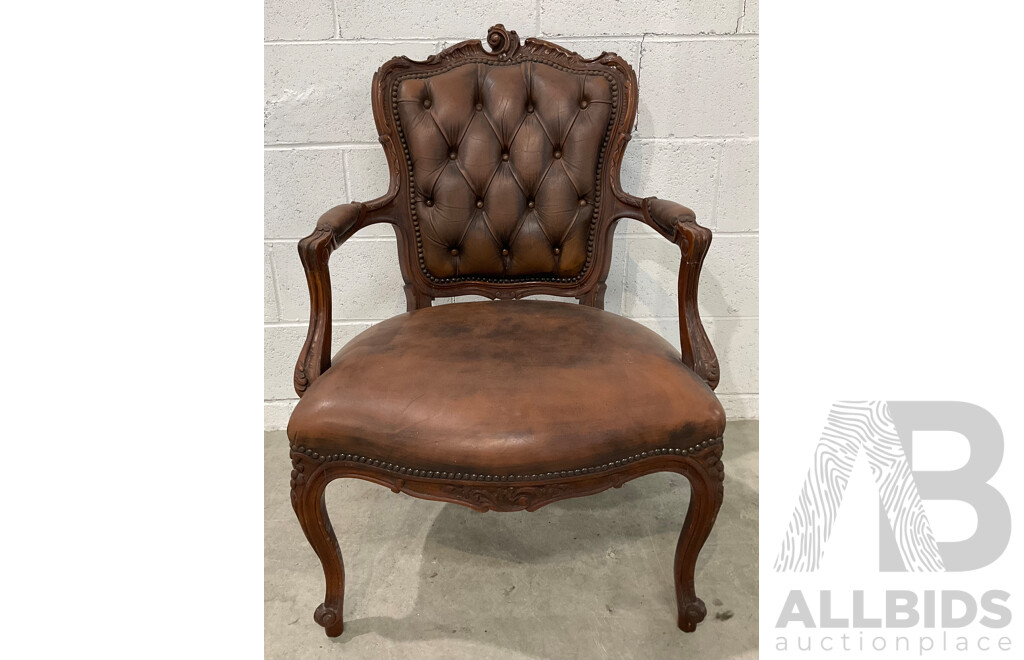 French Walnut and Leather Button Back Fauteuil Armchair