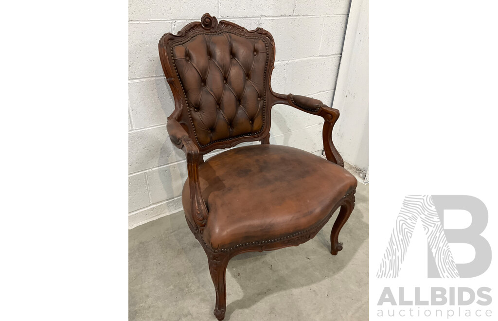 French Walnut and Leather Button Back Fauteuil Armchair