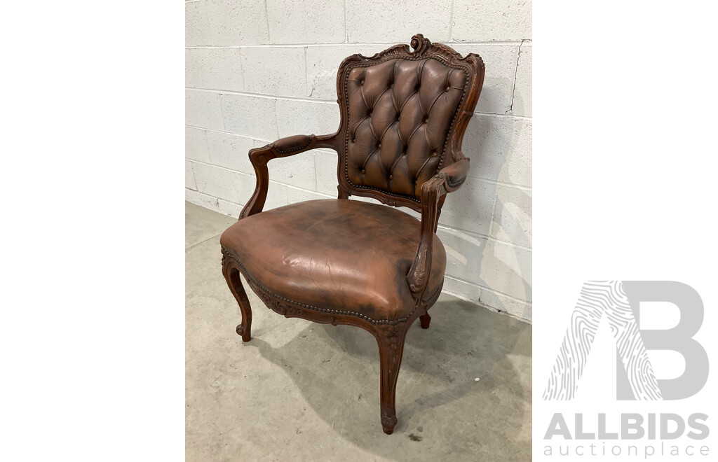 French Walnut and Leather Button Back Fauteuil Armchair