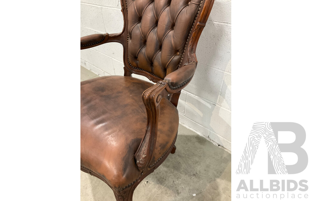 French Walnut and Leather Button Back Fauteuil Armchair