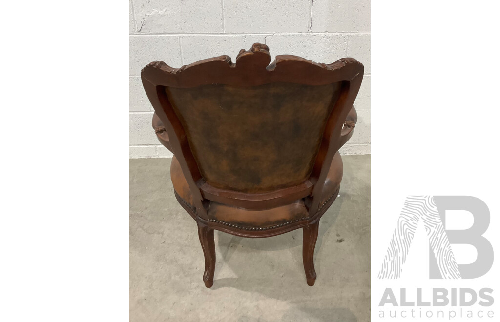 French Walnut and Leather Button Back Fauteuil Armchair