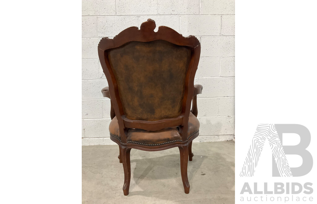 French Walnut and Leather Button Back Fauteuil Armchair