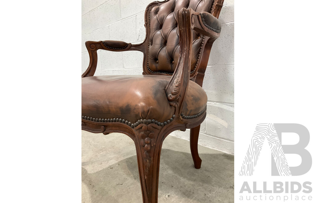 French Walnut and Leather Button Back Fauteuil Armchair