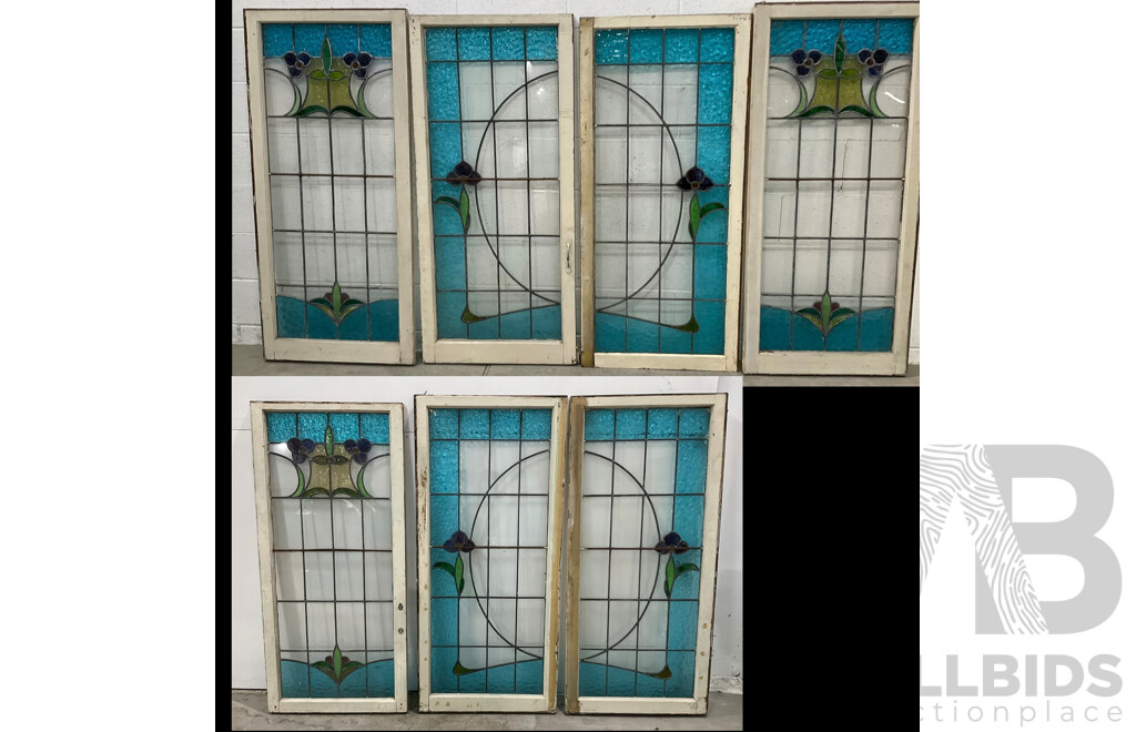 Matching Set of Seven Secessionist Style Cedar Leadlight Windows