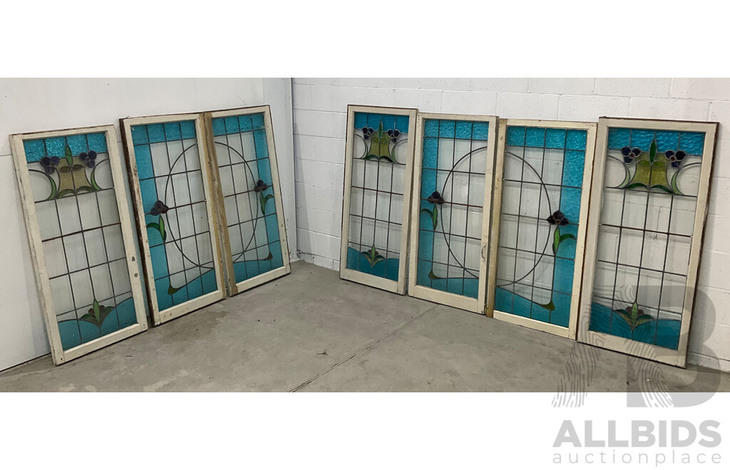 Matching Set of Seven Secessionist Style Cedar Leadlight Windows