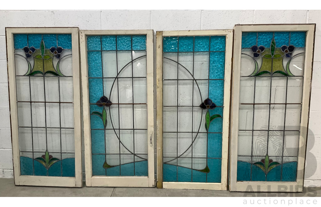 Matching Set of Seven Secessionist Style Cedar Leadlight Windows