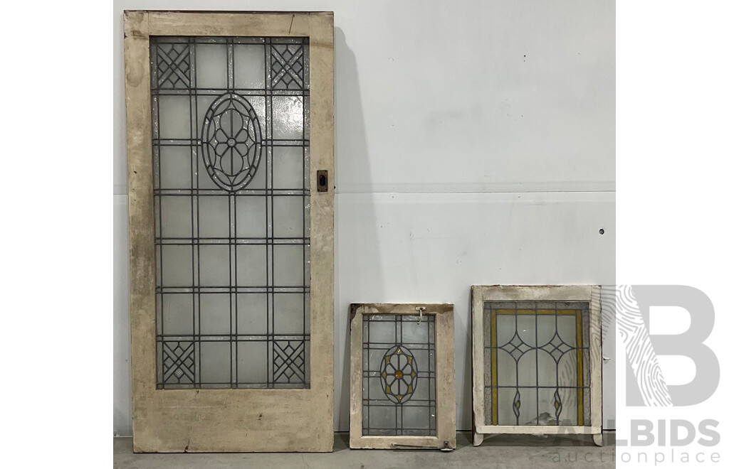 Antique Cedar Framed Leadlight Panel Door and Two Leadlight Windows