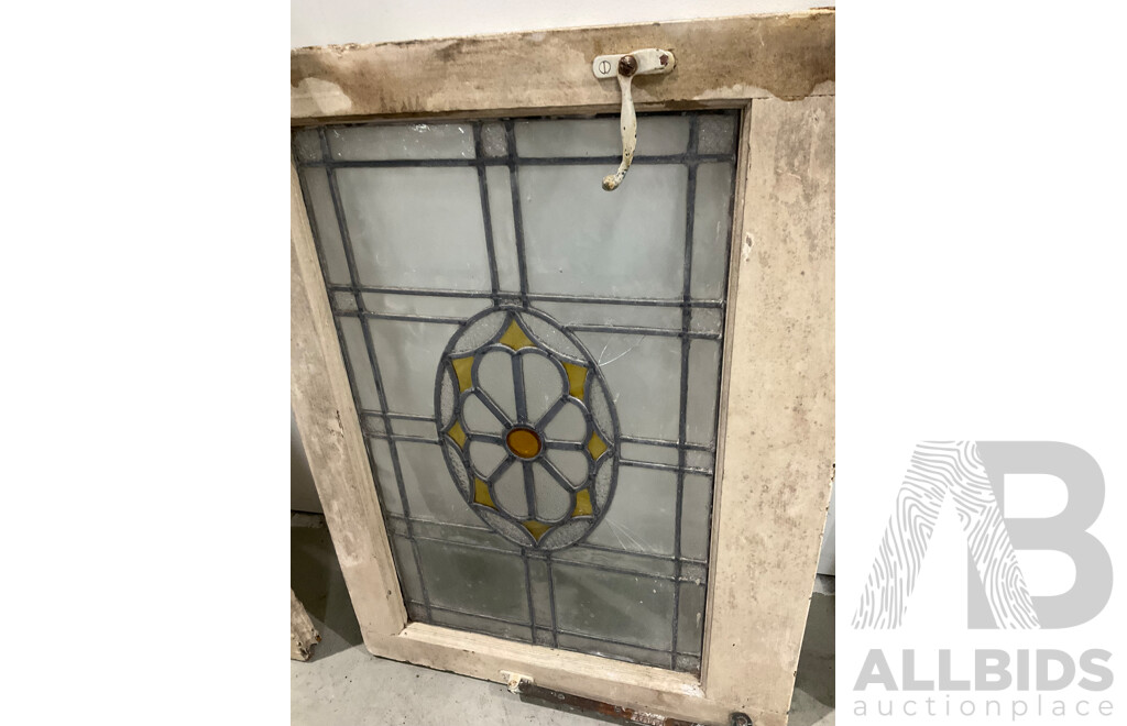 Antique Cedar Framed Leadlight Panel Door and Two Leadlight Windows