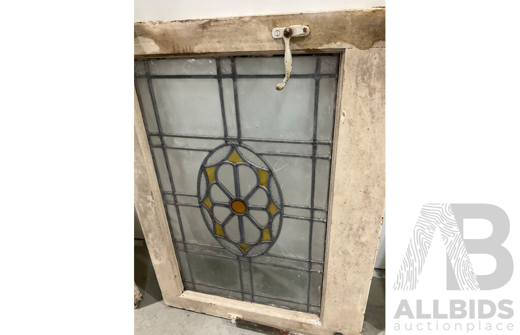 Antique Cedar Framed Leadlight Panel Door and Two Leadlight Windows
