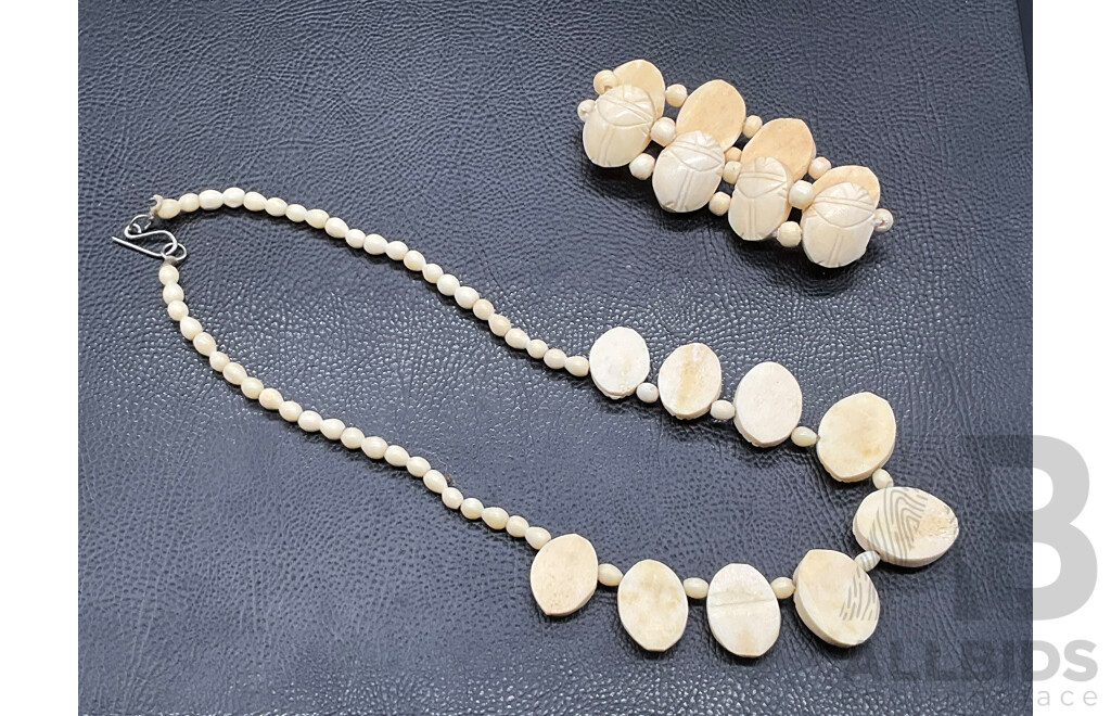 Collection of Vintage Carved Bone Jewellery, Including Pendants, Bracelets, Earrings and Brooch - Lot of 7