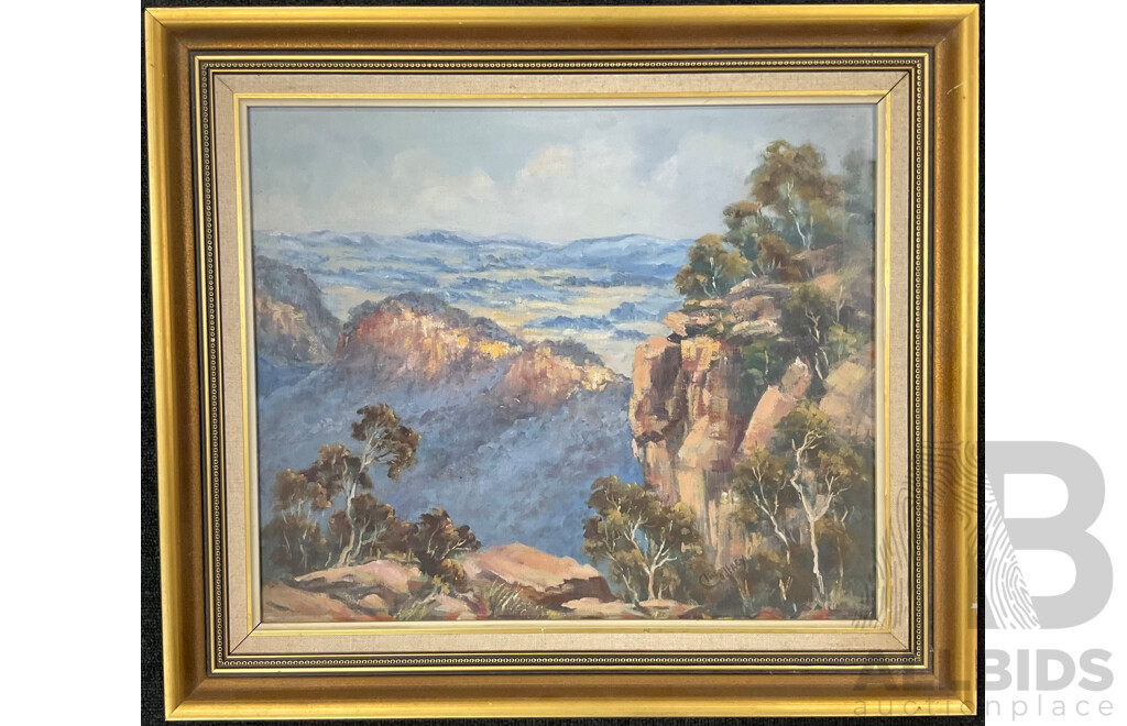 Pat Godfrey (1934-) , ''Cliffs Mt. Victoria'' Oil on Board, 49 x 56 Cm (frame)