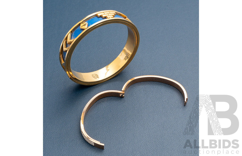 Vintage House of Harlow 1960 Aztec Bangle, Blue/gold Tone & Rose Tone Diamonte Hinged Bangle