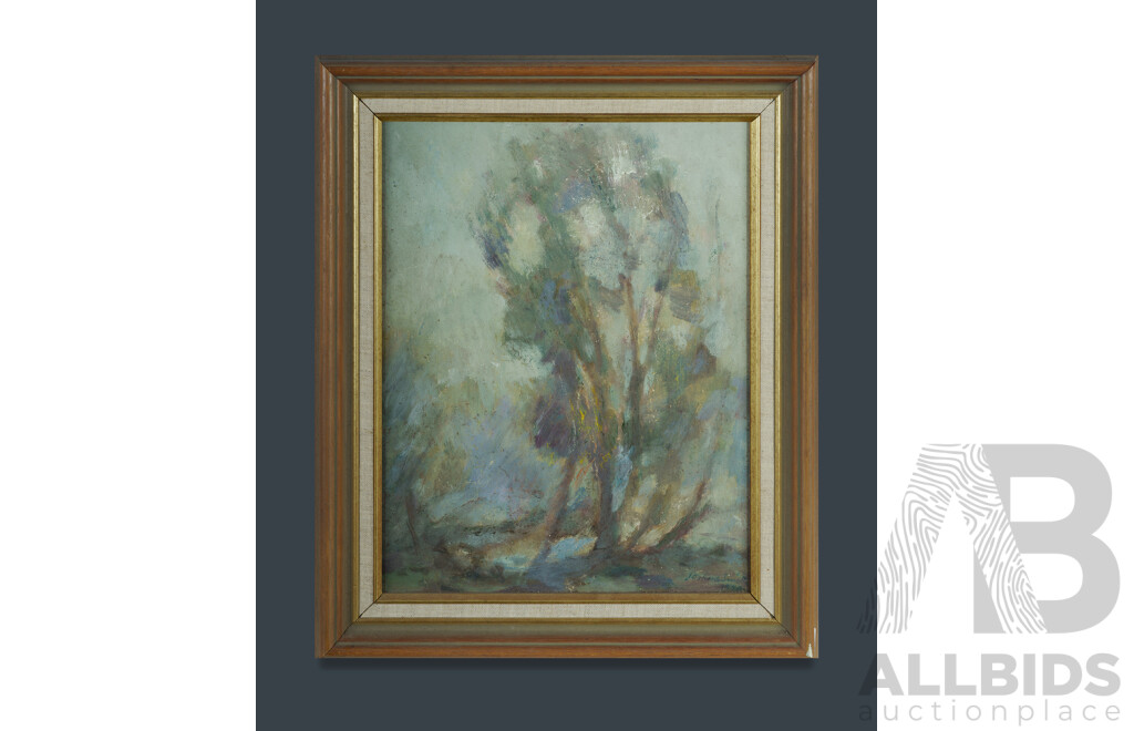 Joshua Smith, (20th Century, Australian, 1905-1995) Hazy Light Through Trees (1970), Wonderful Oil on Canvas on Board, 47 x 39 cm (frame)
