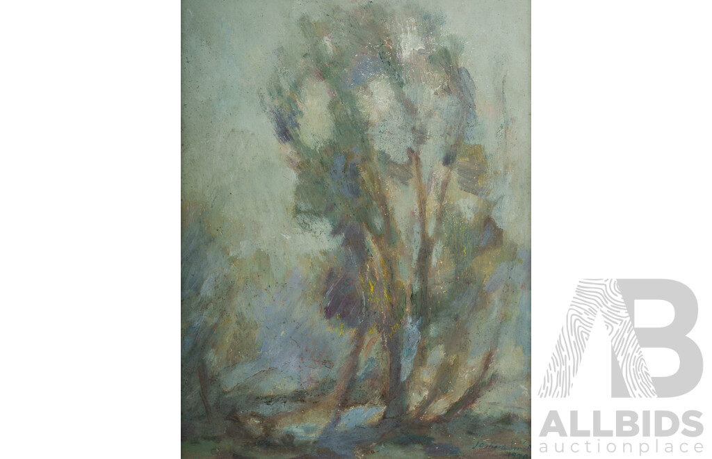Joshua Smith, (20th Century, Australian, 1905-1995) Hazy Light Through Trees (1970), Wonderful Oil on Canvas on Board, 47 x 39 cm (frame)