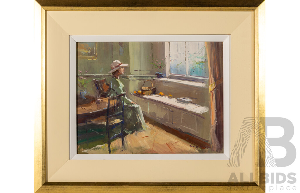 Colley Whisson, (20th Century, Australian, 1966-), Waiting for News (2011), Wonderful Original Oil on Board, 42 x 50 cm (frame)