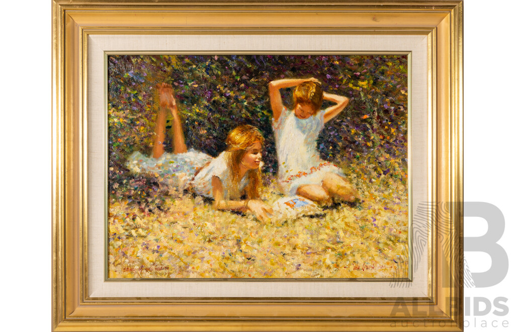 Dale Marsh, (20th Century, Australian, 1940), Study of Girls Reading (1989), Wonderful Original Oil on Canvas Board, 62 x 77 cm (frame)