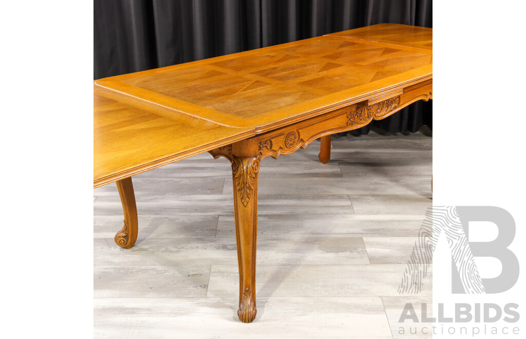 French Oak Marquetry Top Extension Table with Six Chairs