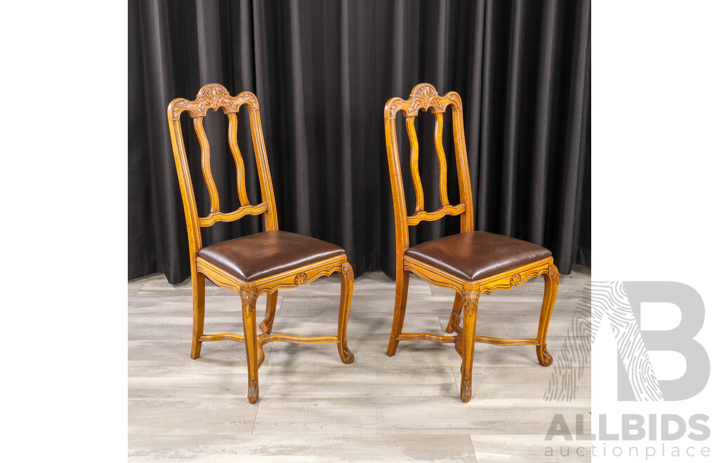 French Oak Marquetry Top Extension Table with Six Chairs