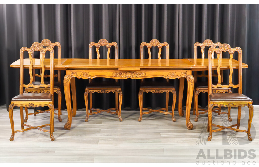 French Oak Marquetry Top Extension Table with Six Chairs