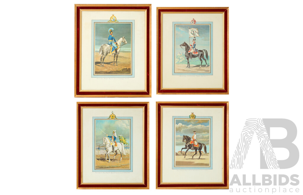 Pierre Favre, (20th Century, French, 1911-1997), Collection of Bernese Military Depictions of the 18th Century, Four Colour Vintage Print Sheets Framed, 46 x 39 cm (frames) (4)