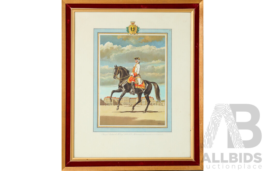 Pierre Favre, (20th Century, French, 1911-1997),  Collection of Bernese Military Depictions of the 18th Century, Four Colour Vintage Print Sheets Framed, 46 x 39 cm (frames) (4)